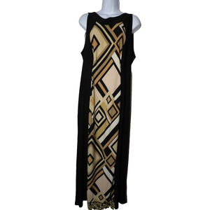 R& M Richards Dress 14W Black Maxi Sleeveless Geometric Beachy Boho Summer Vacay